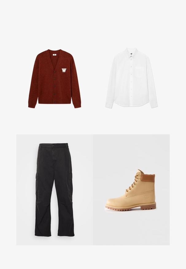 DOUBLE A BY W.W. TAY brązowy melanż; Biała koszula z długim rękawem, zapinana na guziki, z kołnierzykiem, przednią kieszenią i subtelną fakturą. Zapięcie z przodu zdobią guziki oraz mały detal z logo.; Czarne spodnie cargo z prostym krojem nogawki, z dwoma bocznymi kieszeniami, zapięciem na guzik i teksturowanym materiałem.; Jasnobrązowy skórzany botek za kostkę z wyściełanym kołnierzem, złotymi oczkami, brązowymi sznurowadłami i grubą podeszwą na tle jasnym.