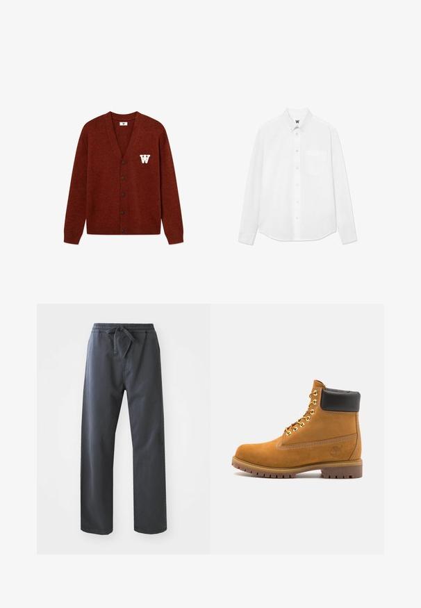 DOUBLE A BY W.W. WWTAY CARDIGAN 25081 - Cardigan - decadent chocolate melange; White long-sleeve button-up shirt with a collar, front pocket, and subtle texture. Front placket features buttons and a small logo detail.; Black, elastic-waist pants with a drawstring, featuring a straight leg design and smooth texture. No visible pockets or patterns.; Tan suede ankle boot with black padded collar, gold metal eyelets, white stitching detailing, and rugged rubber sole with pronounced treads.