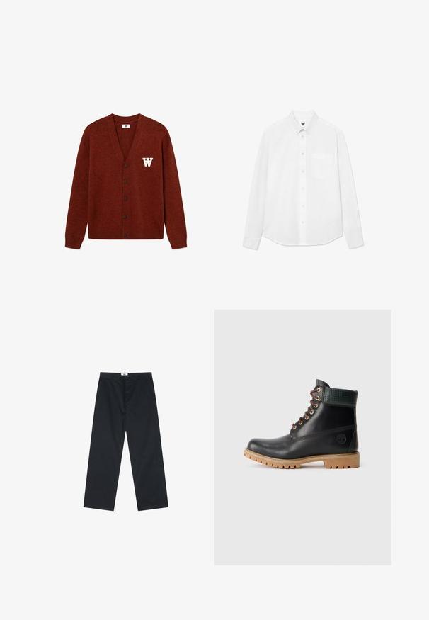 DOUBLE A BY W.W. TAY brązowy melanż; Biała koszula z długim rękawem, zapinana na guziki, z kołnierzykiem, przednią kieszenią i subtelną fakturą. Zapięcie z przodu zdobią guziki oraz mały detal z logo.; Czarne bawełniane spodnie o prostym kroju, z zapięciem na guzik i prostym pasem. Bez wzorów ani dodatkowych akcentów.; Czarny skórzany botek za kostkę z brązowymi sznurówkami, wyściełanym zielonym kołnierzem i beżową gumową podeszwą z głębokim bieżnikiem, widok boczny na białym tle.