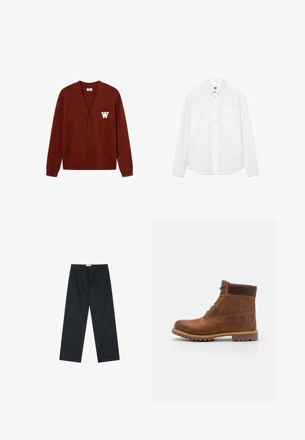 DOUBLE A BY W.W. TAY brązowy melanż; Biała koszula z długim rękawem, zapinana na guziki, z kołnierzykiem, przednią kieszenią i subtelną fakturą. Zapięcie z przodu zdobią guziki oraz mały detal z logo.; Czarne bawełniane spodnie o prostym kroju, z zapięciem na guzik i prostym pasem. Bez wzorów ani dodatkowych akcentów.; Brązowy skórzany but do wędrówek z gładkim wykończeniem, wyściełanym kostką, metalowymi oczkami oraz gumową podeszwą z wytrzymałym wzorem bieżnika.