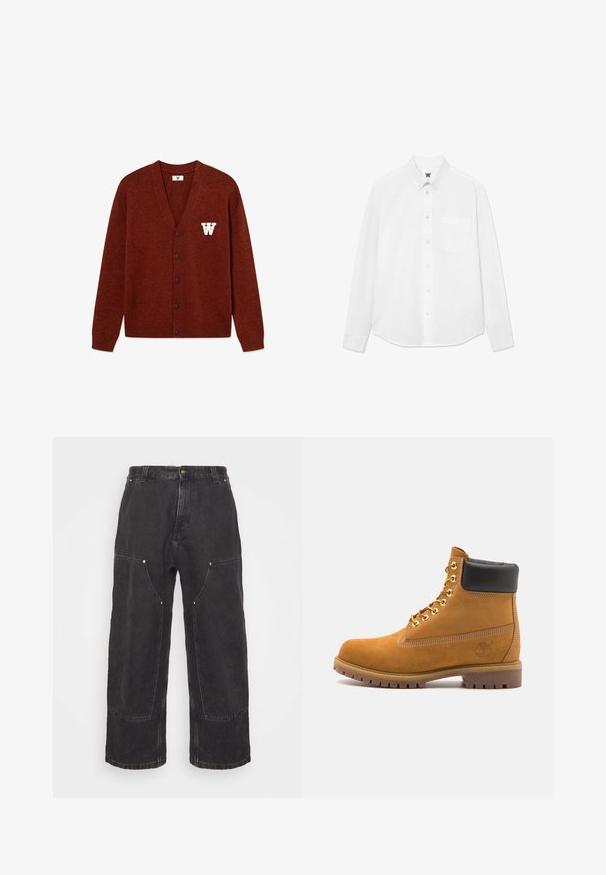 DOUBLE A BY W.W. WWTAY CARDIGAN 25081 - Vest - decadent chocolate melange; Witte lange mouwen blouse met knopen en een kraag, voorzak en subtiele textuur. De voorkant heeft knopen en een klein logo-detail.; Carhartt WIP NASH PANT SMITH - Relaxed fit jeans - black stone washed; Tan suède enkelboot met zwart gevoerd kraagje, gouden metalen oogjes, witte stikdetails en een robuuste rubberen zool met uitgesproken profiel.