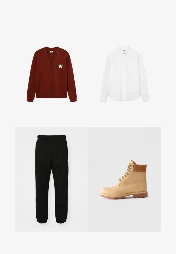DOUBLE A BY W.W. WWTAY CARDIGAN 25081 - Cardigan - decadent chocolate melange; Cămașă albă cu mânecă lungă, cu guler, buzunar frontal și textură subtilă. Placa frontală are nasturi și un detaliu mic cu logo.; Pantaloni de trening negri dintr-un material moale, cu talie elastică, glezne strânse și un accent logo mic pe lateral.; Botine din piele maro deschis, cu guler căptușit, ochiuri aurii, șireți bej și talpă groasă cu profil, pe un fundal simplu deschis.