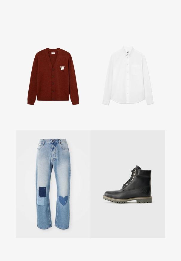 DOUBLE A BY W.W. WWTAY CARDIGAN 25081 - Cardigan - decadent chocolate melange; Cămașă albă cu mânecă lungă, cu guler, buzunar frontal și textură subtilă. Placa frontală are nasturi și un detaliu mic cu logo.; Blugi din denim de culoare albastră deschisă, cu o croială dreaptă, având două detalii aplicate: un pătrat și o inimă, ambele în nuanțe mai închise de denim.; Botine negre din piele cu un design cu șireturi, guler căptușit și un panou texturat. Dispun de o talpă robustă și un logo embosat pe lateral.