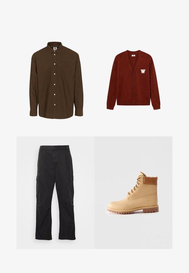 DOUBLE A BY W.W. WWTAY CARDIGAN 25081 - Cardigan - decadent chocolate melange; Brown striped button-up shirt with a collared neck, long sleeves, and a chest pocket; features white buttons and a textured fabric.; Black cargo pants with a straight-leg design, featuring two side pockets, a button closure, and a textured fabric.; Light brown leather ankle boot with padded collar, gold eyelets, tan laces, and thick lug sole on plain light background.