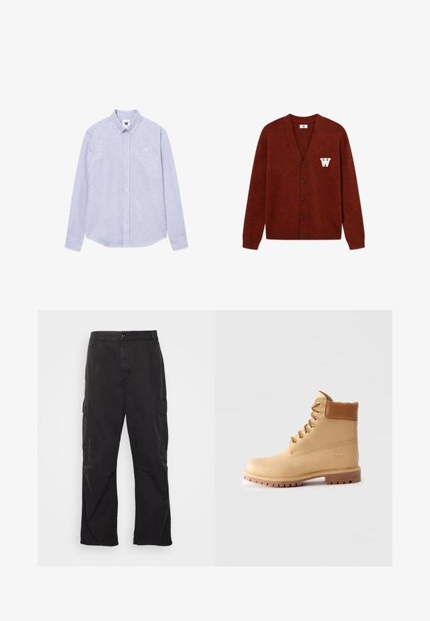 DOUBLE A BY W.W. WWTAY CARDIGAN 25081 - Vesta na kopčanje - decadent chocolate melange; Plava i bijela prugasta košulja dugih rukava s kragnom na gumbe, džepom na prsima i detaljem loga s lijeve strane. Pamuk.; Crne cargo hlače s ravnim krojem, s dvije bočne džepove, zatvaranjem na dugme i teksturiranim materijalom.; Svijetlosmeđi kožni gležnjači s podstavljenim okovratnikom, zlatnim rupicama, svijetlosmeđim vezicama i debelim izbočenim potplatom na jednostavnoj svijetloj pozadini.