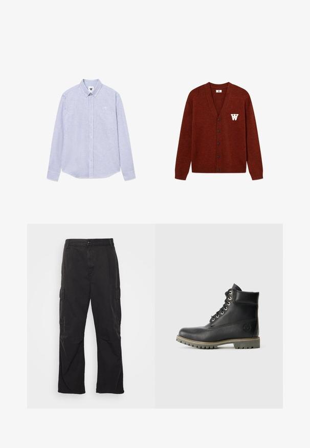 DOUBLE A BY W.W. WWTAY CARDIGAN 25081 - Vesta na kopčanje - decadent chocolate melange; Plava i bijela prugasta košulja dugih rukava s kragnom na gumbe, džepom na prsima i detaljem loga s lijeve strane. Pamuk.; Crne cargo hlače s ravnim krojem, s dvije bočne džepove, zatvaranjem na dugme i teksturiranim materijalom.; Crne kožne gležnjače s vezanjem, podstavljenim ovratnikom i teksturiranim panelom. Imaju robusnu potplatu i utisnuti logotip sa strane.