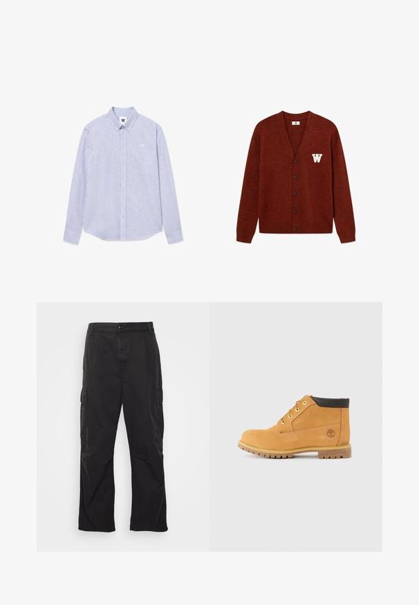 DOUBLE A BY W.W. WWTAY CARDIGAN 25081 - Kardigan - decadent chocolate melange; Sinine ja valge triibuline pikka varrukat särgiga, millel on nööbiga krae, rinnaeid ja logo detail vasakul küljel. Puuvillane kangas.; Mustad cargo püksid sirge jala disainiga, millel on kaks külgtaskut, nööpkinnitus ja tekstuuriga kangas.; Pruun nahast keskmise kõrgusega saapad ümmarguse varbaga, pruunide aktsentidega, kollaste metallist silmadega ja robustse tallaga. Timberlandi logo on küljele pressitud.