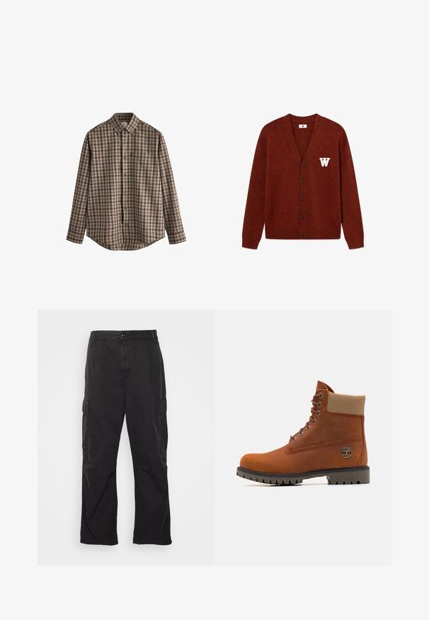 DOUBLE A BY W.W. WWTAY CARDIGAN 25081 - Jopica - decadent chocolate melange; Next EASY IRON BUTTON DOWN - Srajca - brown gingham; Črne cargo hlače s ravnim krojem, ki vključujejo dve stranski žepu, gumbasto zapiranje in teksturirano blago.; Timberland Gležnjarji z vezalkami - medium orange