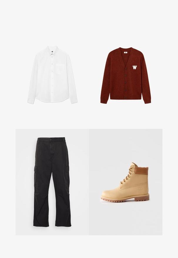 DOUBLE A BY W.W. WWTAY CARDIGAN 25081 - Kardigán - decadent chocolate melange; Fehér, hosszú ujjú, gombos ing, gallérral, elülső zsebből és finom textúrából. Az elülső gombolás gombokkal és egy kis logó részlettel rendelkezik.; Fekete cargo nadrág egyenes szárú fazonnal, két oldalsó zsebbel, gombos záródással és texturált anyaggal.; Világosbarna bőr bokacsizma párnázott gallérral, arany szemekkel, világosbarna cipőfűzőkkel és vastag, bordás talppal egy egyszerű világos háttér előtt.