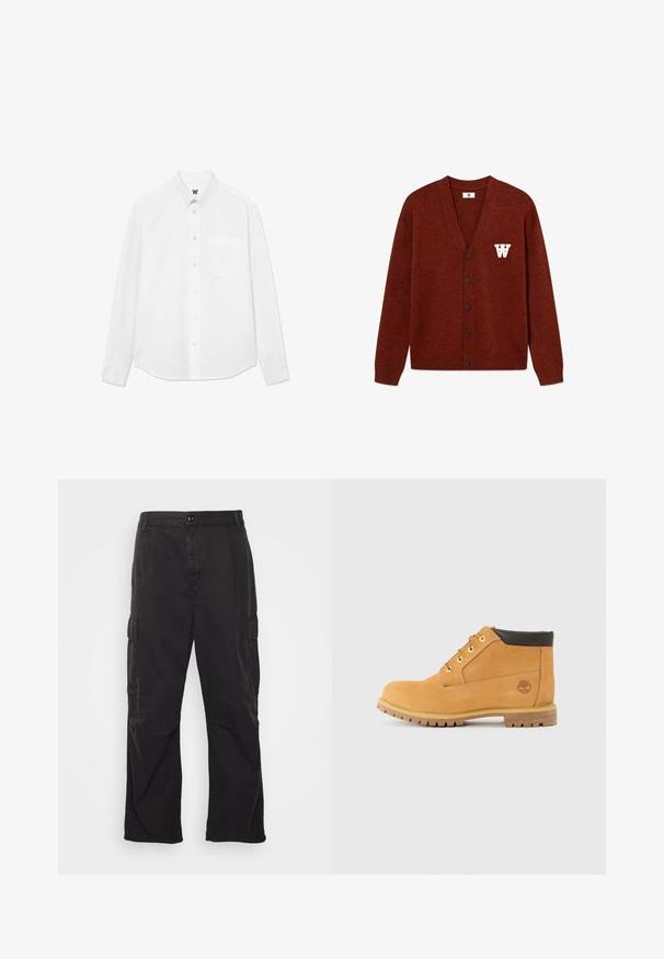 DOUBLE A BY W.W. WWTAY CARDIGAN 25081 - Kardigan - decadent chocolate melange; Valge pikkade varrukatega särk, millel on kaelus, eesmine tasku ja peen tekstuur. Eesmine klapp on varustatud nuppudega ja väikese logodetailiga.; Mustad cargo püksid sirge jala disainiga, millel on kaks külgtaskut, nööpkinnitus ja tekstuuriga kangas.; Pruun nahast keskmise kõrgusega saapad ümmarguse varbaga, pruunide aktsentidega, kollaste metallist silmadega ja robustse tallaga. Timberlandi logo on küljele pressitud.