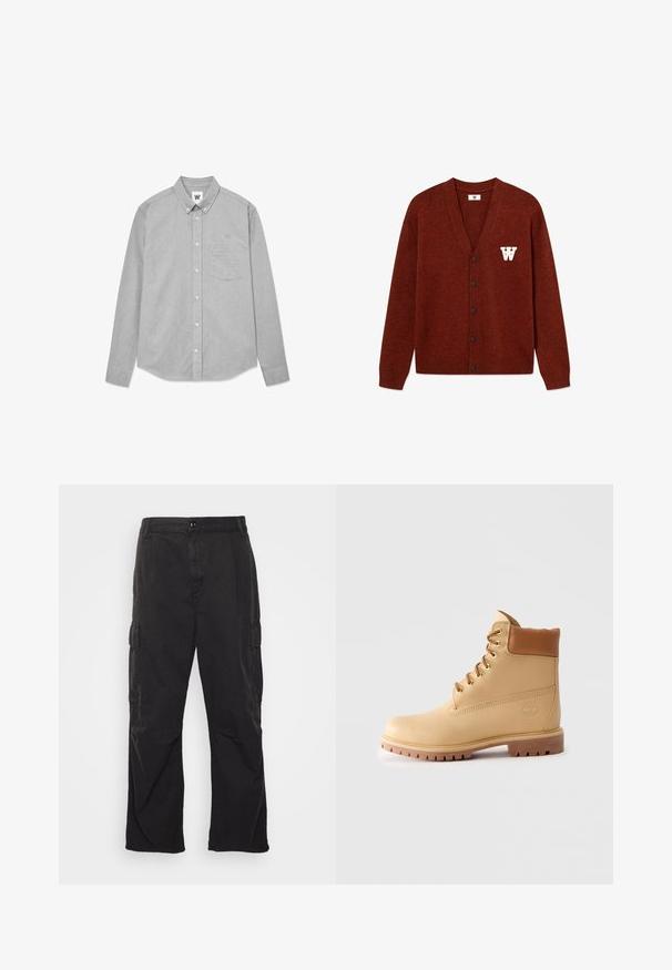 DOUBLE A BY W.W. WWTAY CARDIGAN 25081 - Cardigan - decadent chocolate melange; Camicia grigia a maniche lunghe con bottoni, dotata di tasca, colletto e logo ricamato sul petto. Realizzata in un tessuto testurizzato.; Pantaloni cargo neri con design a gamba dritta, dotati di due tasche laterali, chiusura con bottone e un tessuto testurizzato.; Stivaletto in pelle marrone chiaro con colletto imbottito, occhielli dorati, lacci color nocciola e suola robusta su sfondo chiaro.