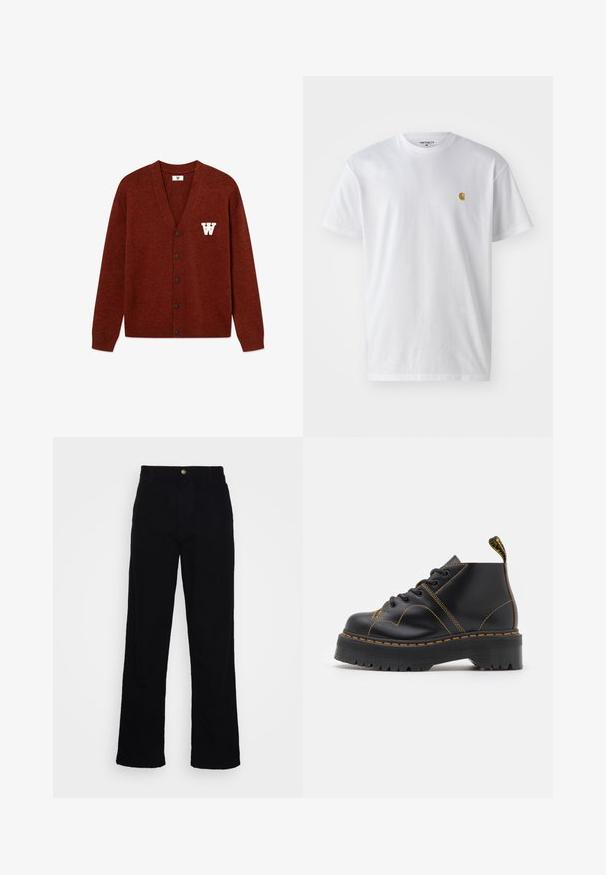 DOUBLE A BY W.W. WWTAY CARDIGAN 25081 - Gilet - decadent chocolate melange; T-shirt en coton blanc à manches courtes, col rond, avec un petit logo doré sur la poitrine gauche. Texture douce et coupe régulière.; Pantalons noirs taille haute à jambes droites en denim avec une texture lisse, dotés d'une fermeture à bouton à l'avant et d'un design à cinq poches.; Bottines noires à cheville avec une semelle épaisse et crantée, des coutures jaunes contrastantes et une languette au talon. Matière en cuir lisse.