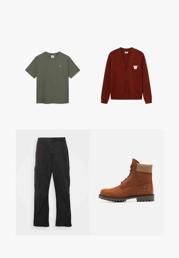 DOUBLE A BY W.W. WWTAY CARDIGAN 25081 - Cardigan - decadent chocolate melange; Enkelt olivgrønt kortærmet t-shirt med rund hals og lille cirkulær hvid "W"-logo på venstre bryst.; Sorte cargo bukser med lige ben, der har to sidelommer, knaplukning og en struktureret stof.; Timberland Snørestøvletter - medium orange