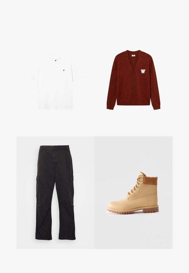 DOUBLE A BY W.W. WWTAY CARDIGAN 25081 - Kardigán - decadent chocolate melange; Biela tričko s krátkymi rukávmi a okrúhlym výstrihom, s malým kruhovým logom, ktoré na ľavej strane hrude zobrazuje čierne písmeno "W".; Čierne cargo nohavice so strihom rovného nohavice, ktoré majú dve bočné vrecká, zapínanie na gombík a textúrovanú tkaninu.; Svetlohnedá kožená členková topánka s polstrovaným golierom, zlatými očkami, pieskovými šnúrkami a hrubou podrážkou na jednoduchom svetlom pozadí.