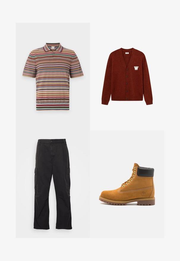 DOUBLE A BY W.W. WWTAY CARDIGAN 25081 - Vest - decadent chocolate melange; Paul Smith Poloshirt - multi coloured; Zwarte cargobroek met een rechte pijpontwerp, voorzien van twee zijzakken, een knoopsluiting en een gestructureerde stof.; Tan suède enkelboot met zwart gevoerd kraagje, gouden metalen oogjes, witte stikdetails en een robuuste rubberen zool met uitgesproken profiel.