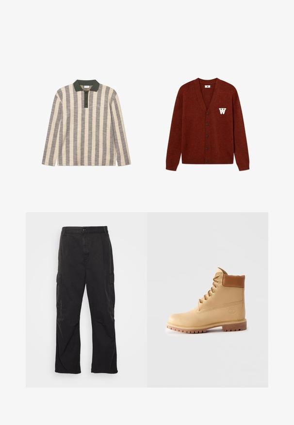 DOUBLE A BY W.W. WWTAY CARDIGAN 25081 - Kofta - decadent chocolate melange; Randig långärmad polo i kräm och grå, med grön krage och fyra knappar, samt diskret broderad logodetalj.; Vit långärmad skjorta med knappar och krage, framficka och subtil textur. Frampartiet har knappar och en liten logodetalj.; Svarta cargobyxor med rak bendesign, som har två sidofickor, ett knäppclosure och en strukturerad tyg.; Ljusbrun läderankelsko med vadderad krage, guldöglor, tan snörning och tjock sula med djupt mönster på en enkel ljus bakgrund.