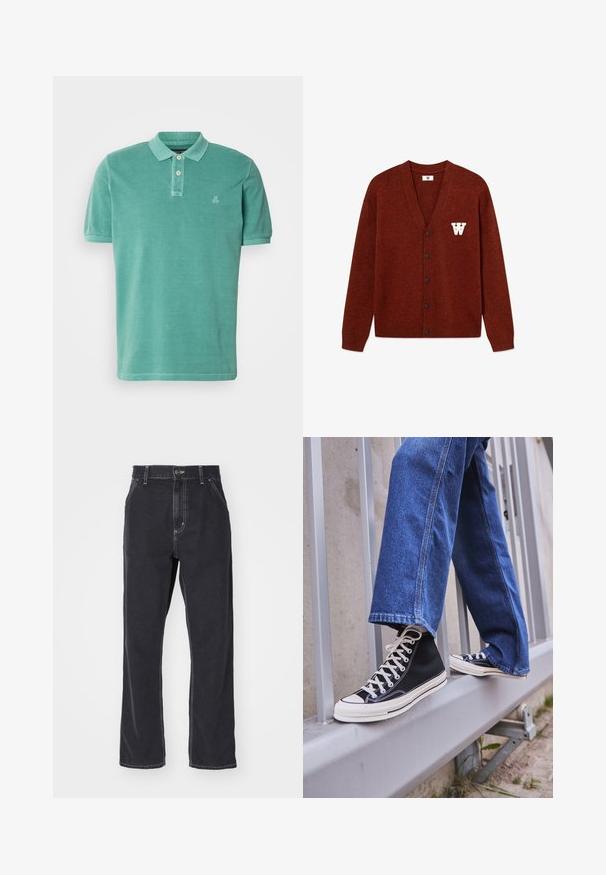 DOUBLE A BY W.W. WWTAY CARDIGAN 25081 - Kardigán - decadent chocolate melange; Teal színű polo póló, pamutból készült, klasszikus gallérral, két gombos légzsével és egy kis logóval a bal mellrészen.; Fekete farmernadrág egyenes szárú szabással, cipzáras záródással, öt zsebbel és kontrasztos varrással az illesztéseknél.; Fekete magasszárú sportcipők fehér talppal és fűzővel, laza kék farmernadrággal párosítva, egy szürke korlát tetején pihenve.
