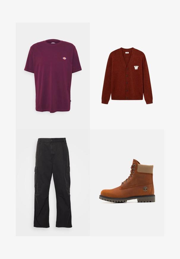 DOUBLE A BY W.W. WWTAY CARDIGAN 25081 - Kardigán - decadent chocolate melange; Burgundy színű pamut póló, kerek nyakkivágással, rövid ujjakkal és egy kis, színes logóval a mellrészen. Sima textúrájú, klasszikus szabású.; Fekete cargo nadrág egyenes szárú fazonnal, két oldalsó zsebbel, gombos záródással és texturált anyaggal.; Timberland Fűzős bokacsizmák - medium orange