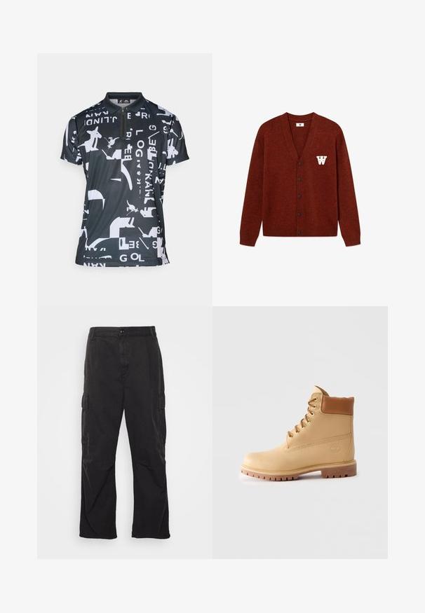DOUBLE A BY W.W. WWTAY CARDIGAN 25081 - Kardigán - decadent chocolate melange; Fekete póló, geometrikus fehér mintával, cipzáros gallérral, rövid ujakkal és sportos, könnyű anyagú textúrával.; Fehér, hosszú ujjú, gombos ing, gallérral, elülső zsebből és finom textúrából. Az elülső gombolás gombokkal és egy kis logó részlettel rendelkezik.; Fekete cargo nadrág egyenes szárú fazonnal, két oldalsó zsebbel, gombos záródással és texturált anyaggal.; Világosbarna bőr bokacsizma párnázott gallérral, arany szemekkel, világosbarna cipőfűzőkkel és vastag, bordás talppal egy egyszerű világos háttér előtt.