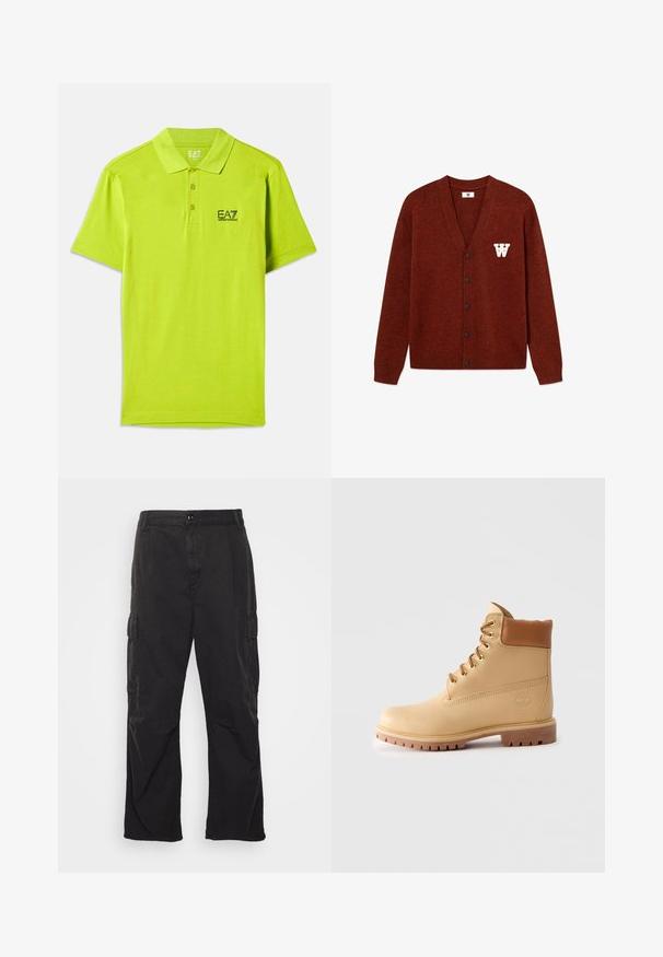DOUBLE A BY W.W. WWTAY CARDIGAN 25081 - Kardigán - decadent chocolate melange; Fényes lime zöld póló, puha anyagból, klasszikus gallérral, három gombos kivágással, és fekete EA7 logóval a mellkason.; Fekete cargo nadrág egyenes szárú fazonnal, két oldalsó zsebbel, gombos záródással és texturált anyaggal.; Világosbarna bőr bokacsizma párnázott gallérral, arany szemekkel, világosbarna cipőfűzőkkel és vastag, bordás talppal egy egyszerű világos háttér előtt.