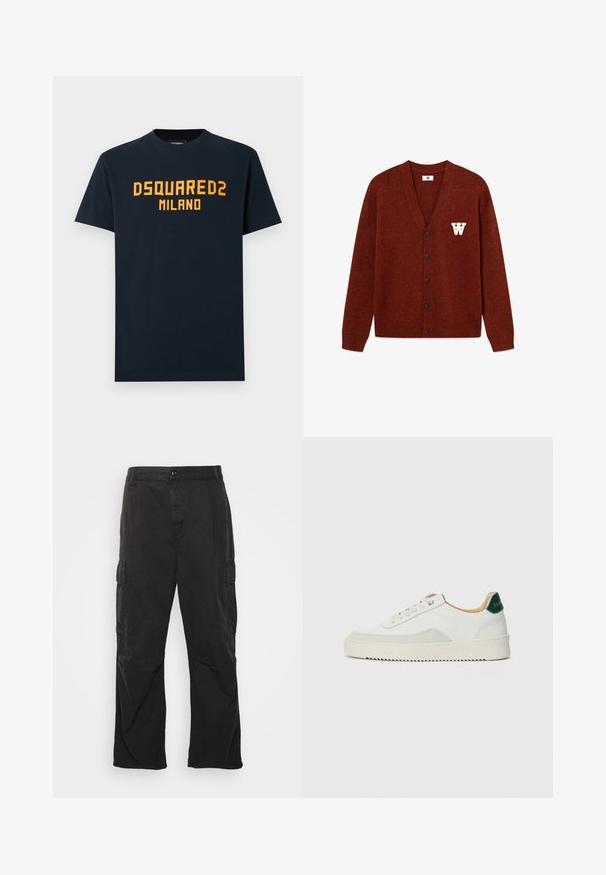 DOUBLE A BY W.W. WWTAY CARDIGAN 25081 - Kardigán - decadent chocolate melange; Tengerészkék pamut póló vastag narancssárga "DSQUARED2 MILANO" felirattal a mellkason. Klasszikus kerek nyakkivágás és rövid ujjú.; Fekete cargo nadrág egyenes szárú fazonnal, két oldalsó zsebbel, gombos záródással és texturált anyaggal.; Fehér sneaker suédé részletekkel, kerek orral, lapos fűzőkkel és krémszínű gumitalppal. Zöld logó található a sarkán.