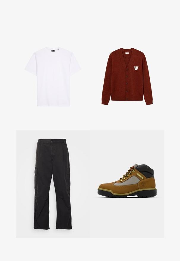 DOUBLE A BY W.W. WWTAY CARDIGAN 25081 - Vest - decadent chocolate melange; Witte T-shirt met korte mouwen en ronde hals, gemaakt van een gladde stof, met een zwart merkembleem aan de binnenkant van de halslijn.; Zwarte cargobroek met een rechte pijpontwerp, voorzien van twee zijzakken, een knoopsluiting en een gestructureerde stof.; Bruine wandelschoen met grijze en zwarte accenten, bovenwerk van gestructureerd leer, metalen oogjes en een robuuste rubberen zool voor grip.
