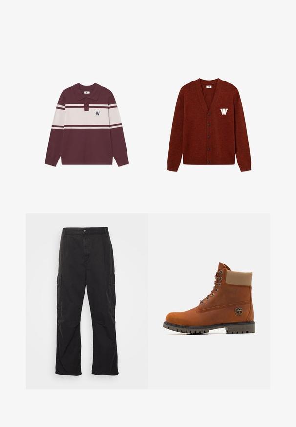 DOUBLE A BY W.W. WWTAY CARDIGAN 25081 - Kardigán - decadent chocolate melange; Hosszú ujjas bordó poloing fehér vízszintes csíkokkal, két gombbal és fekete "W" logóval a bal mellkason.; Fehér, hosszú ujjú, gombos ing, gallérral, elülső zsebből és finom textúrából. Az elülső gombolás gombokkal és egy kis logó részlettel rendelkezik.; Fekete cargo nadrág egyenes szárú fazonnal, két oldalsó zsebbel, gombos záródással és texturált anyaggal.; Timberland Fűzős bokacsizmák - medium orange