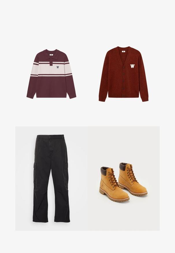 DOUBLE A BY W.W. WWTAY CARDIGAN 25081 - Chaqueta de punto - decadent chocolate melange; Camisa polo de manga larga color burdeos con rayas horizontales blancas, dos botones y un logo negro con una "W" en el lado izquierdo del pecho.; Pantalones cargo negros con un diseño de pierna recta, que cuentan con dos bolsillos laterales, un cierre de botón y una tela texturada.; Un par de botas de trabajo de cuero marrón claro con cuellos acolchados marrones, ojales de metal y suelas de taco gruesas sobre un fondo blanco.