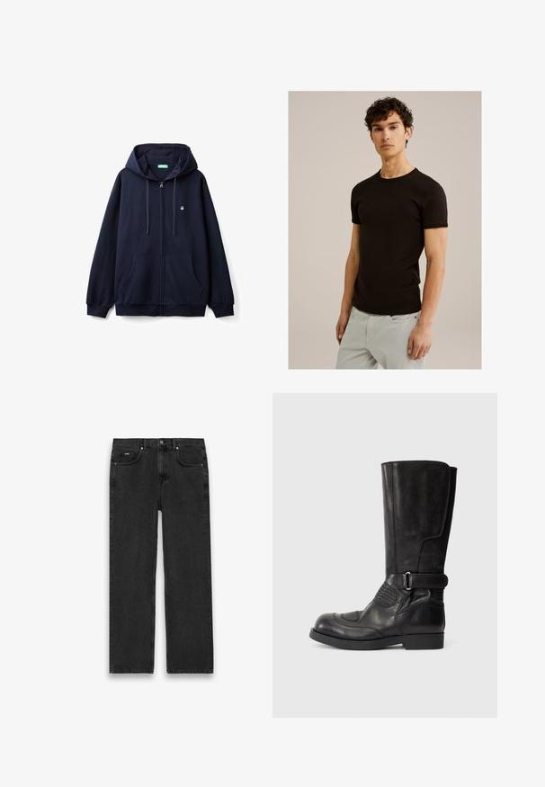 Sudadera con cremallera color azul marino, hecha de una tela suave, con cremallera frontal, dos bolsillos laterales y una capucha con cordón que presenta un pequeño logo en el pecho.; Camiseta negra de manga corta con escote redondo, hecha de una tela suave y elástica. El corte es ajustado, diseñado para ceñirse al cuerpo.; Jeans de mezclilla negra con corte recto, que cuentan con cinco bolsillos, cierre de botón y un ligero desgaste. Tejido texturizado y detalles de costura mínimos.; Bota de cuero negro hasta la rodilla con punta redondeada, costuras en contraste, detalle de hebilla lateral y acentos texturizados en el exterior.