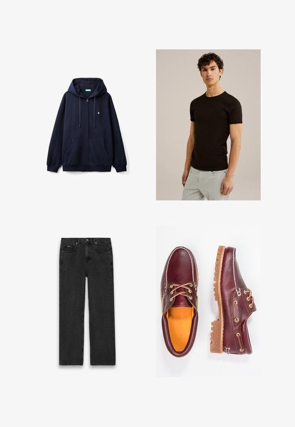 Felpa zip con cappuccio di colore blu navy, realizzata in tessuto morbido, dotata di zip frontale, due tasche laterali e un cappuccio con cordino, con un piccolo logo sul petto.; T-shirt nero a maniche corte con scollatura rotonda, realizzato in un tessuto morbido ed elastico. La vestibilità è slim, progettata per aderire al corpo.; Jeans in denim nero con taglio dritto, caratterizzati da cinque tasche, una chiusura a bottoni e leggera scoloritura. Tessuto testurizzato e dettagli di cucitura minimi.; Scarpe in pelle bordeaux con suole in gomma marrone, punta rotonda, cuciture bianche e occhielli dorati. L'interno presenta un rivestimento giallo.