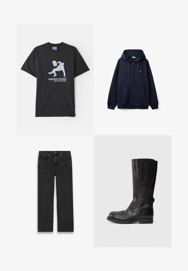Marineblauwe zip-up hoodie gemaakt van zacht materiaal, met een vooraanlopende rits, twee zijzakken en een capuchon met koord en een klein logo op de borst.; Zwarte katoenen T-shirt met korte mouwen, voorzien van een lichtblauw grafisch ontwerp van een persoon die een aktetas vasthoudt en de tekst "KIDSUPER STUDIOS GET UP, GET GOIN'."; Zwarte denim jeans met een rechte snit, voorzien van vijf zakken, een knoopsluiting en lichte vervaging. Gelaagd stof en minimale stikseldetails.; Zwarte leren laarzen tot de knie met een ronde neus, contrasterende stiksels, een gespsluiting aan de zijkant en gestructureerde accenten aan de buitenkant.