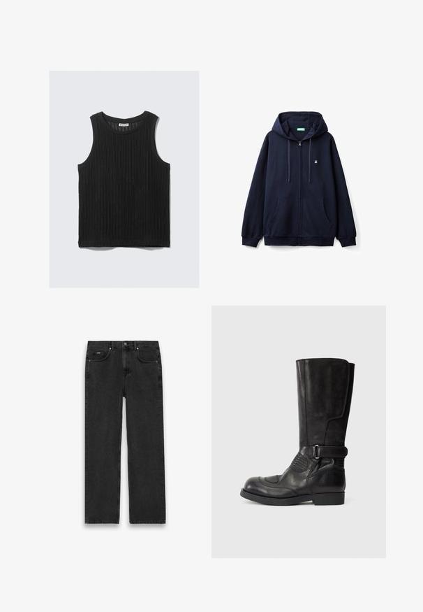 Marineblauwe zip-up hoodie gemaakt van zacht materiaal, met een vooraanlopende rits, twee zijzakken en een capuchon met koord en een klein logo op de borst.; Zwarte mouwloze tanktop met een ribbelstructuur, ronde halslijn en rechte zoom. Het label zegt "WEEKDAY" bij de halslijn.; Zwarte denim jeans met een rechte snit, voorzien van vijf zakken, een knoopsluiting en lichte vervaging. Gelaagd stof en minimale stikseldetails.; Zwarte leren laarzen tot de knie met een ronde neus, contrasterende stiksels, een gespsluiting aan de zijkant en gestructureerde accenten aan de buitenkant.