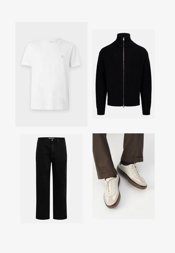 Schwarzer gestrickter Zip-Pullover mit hohem Kragen, geripptem Muster und einem durchgehenden Reißverschluss auf der Vorderseite, mit eng anliegenden Bündchen und Saum.; Weißes Baumwoll-T-Shirt mit kurzen Ärmeln, Rundhalsausschnitt und kleinem grauen gestickten Logo auf der linken Brust. Glatte Textur.; Schwarze Jeanshose mit geradem Schnitt, klassischem Fünf-Taschen-Design und einem Knopfverschluss an der Taille. Glatte Textur und strapazierfähiger Stoff.; Beige Sneakers mit einer strukturierten Wildlederfront, glatten Lederseiten und einer braunen Gummisohle. Bändel und helle Nähdetails sind enthalten.