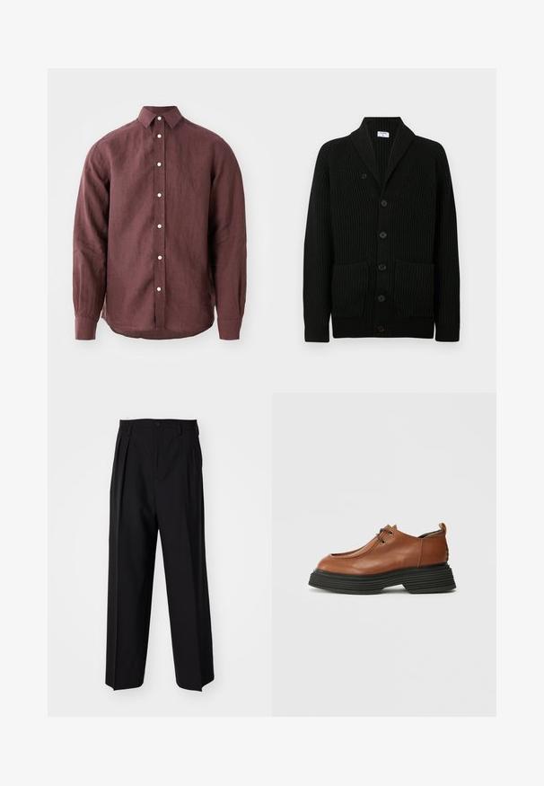 Cardigan nero a costine con colletto a scialle, chiusura con bottoni e due tasche frontali. Realizzato in tessuto testurizzato.; Camicia a maniche lunghe color mogano realizzata in tessuto texturizzato, con colletto classico, chiusura frontale con bottoni e bottoni di colore contrastante.; Pantaloni neri a pieghe con un design dritto e gamba larga. Realizzati in tessuto morbido, con chiusura a bottone e passanti per cintura.; Scarpa in pelle marrone con punta rotonda, design con lacci e suola spessa nera a strati. Famosa per la sua silhouette strutturata e la sua texture.