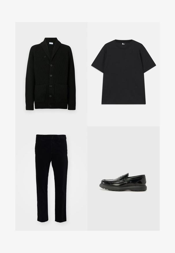 Schwarze gerippte Strickjacke mit Schalkragen, Knopfverschluss und zwei vorderen Taschen. Hergestellt aus strukturiertem Stoff.; Schwarzes Kurzarm-T-Shirt aus Baumwolle mit rundem Halsausschnitt und einem kleinen Logo-Detail am Saum. Glatte Textur, reguläre Passform.; Schwarze Cordhosen mit geradem Bein, ausgestattet mit dezenten vertikalen Streifen und einem standardmäßigen Bund. Keine sichtbaren Verzierungen.; Schwarze Lederloafer mit glanzendem Finish, abgerundetem Zehenbereich, subtilen Steppnähten und einer dicken Gummisohle für Langlebigkeit.