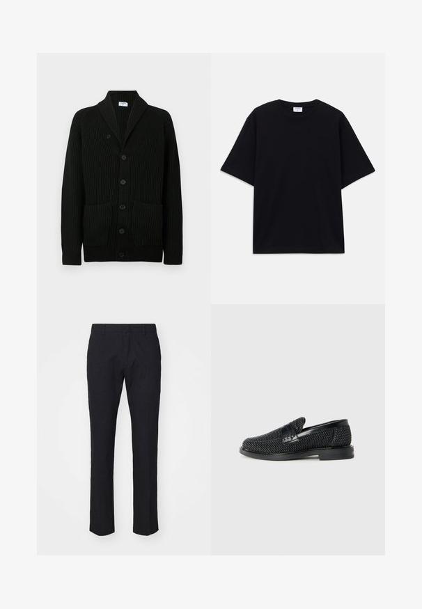 Czarny żeberkowany kardigan z kołnierzem szalowym, zapięciem na guziki i dwoma przednimi kieszeniami. Wykonany z teksturowanej tkaniny.; Czarny, krótki rękaw, oversize'owy T-shirt z okrągłym dekoltem i widoczną metką marki Filippa K wewnątrz kołnierza.; Granatowe spodnie o dopasowanym kroju, wykonane z gładkiego materiału. Posiadają płaski przód, szlufki na pasek oraz proste nogawki z czystym wykończeniem.; Czarny, pleciony but wsuwany z gładkim skórzanym akcentem na cholewce, o okrągłym nosku i niskoprofilowej gumowej podeszwie.