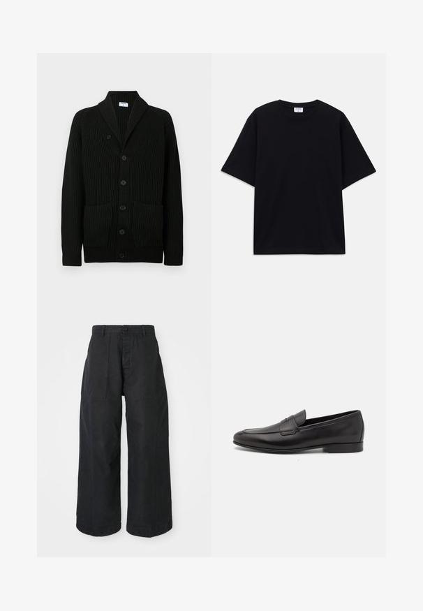 Cardigan noir côtelé avec col châle, fermeture à boutons et deux poches avant. Fabriqué à partir d'un tissu texturé.; T-shirt noir à manches courtes oversize avec un col rond et une étiquette de marque Filippa K visible à l'intérieur du col.; Pantalons larges noirs en toile avec fermeture à bouton, dotés de deux poches avant et d'une coupe décontractée.; Mocassin pour homme en cuir noir avec un petit talon et un design classique à lanière penny, présenté en profil sur fond blanc.