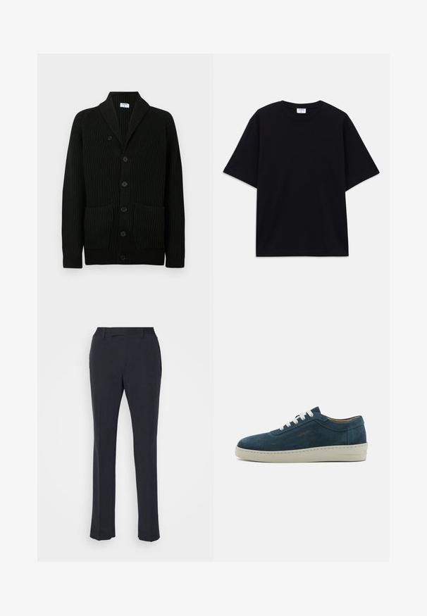 Cardigan noir côtelé avec col châle, fermeture à boutons et deux poches avant. Fabriqué à partir d'un tissu texturé.; T-shirt noir à manches courtes oversize avec un col rond et une étiquette de marque Filippa K visible à l'intérieur du col.; Pantalons bleu marine en tissu lisse, avec une coupe droite, des poches avant et une taille plate sans fermetures visibles.; Baskets en daim bleu avec un bout rond, des lacets blancs et une semelle en caoutchouc. Présente des coutures discrètes et un accent de marque sur le côté.