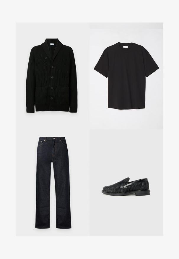 Black ribbed cardigan with a shawl collar, button closure, and two front pockets. Made from textured fabric.; Black cotton t-shirt with a crew neck, short sleeves, and a relaxed fit. Simple design, smooth texture, and no visible patterns or logos.; Dark blue denim jeans with a straight leg design, five pockets, and orange stitching detail. Metal button and zipper closure.; Black woven slip-on shoe with a smooth leather accent on the upper, a round toe design, and a low-profile rubber sole.