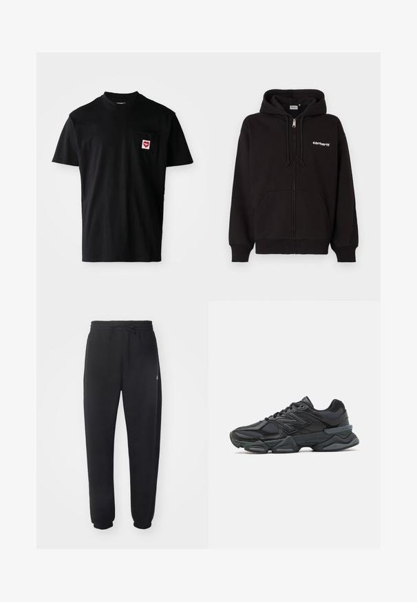Juodas medvilnės mišinio audinio gobtuvas su užtrauktuku, turintis raištelio reguliuojamą kapišoną, kišenes kūno priekyje, gofruotas rankogalis ir baltą logotipą kairėje krūtinės pusėje.; Juodas medvilnės marškinėliai su apvalia iškirpte, trumpomis rankovėmis ir kišenėle kairėje krūtinės pusėje, ant kurios yra raudonas širdies aplikacija su balta tekstu.; Juodi sportiniai kelniai, pagaminti iš minkštos medžiagos, su elastinga juosmena, raišteliu ir siaurėjantys ties apačia, su subtiliu logotipu šone.; Juodas bėgimo batelis, pagamintas iš tinklinės ir sintetinės medžiagos, turintis stambų pado dizainą, kreivą formą ir ryškią prekės ženklą šone.