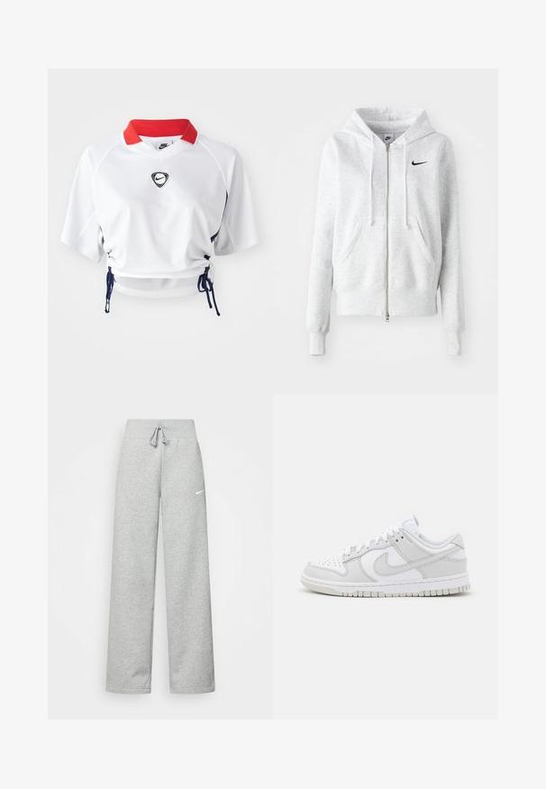 Sudadera gris con cremallera, fabricada en un tejido suave, con un bolsillo frontal, capucha con cordón y un logo negro de Nike en el lado izquierdo del pecho.; Jersey blanco de Nike cropped con cuello rojo y logo negro, con mangas cortas y lazos ajustables a los lados para un mejor ajuste. Detalle de tela texturizada.; Pantalones de chándal grises con cintura elástica, detalle de cordón y un pequeño logo blanco de Nike en el muslo izquierdo. Tejido suave, de corte holgado.; Zapatillas blancas de cuero con acentos grises, puntera perforada, cordones planos, cuello acolchado y suela de goma texturizada.