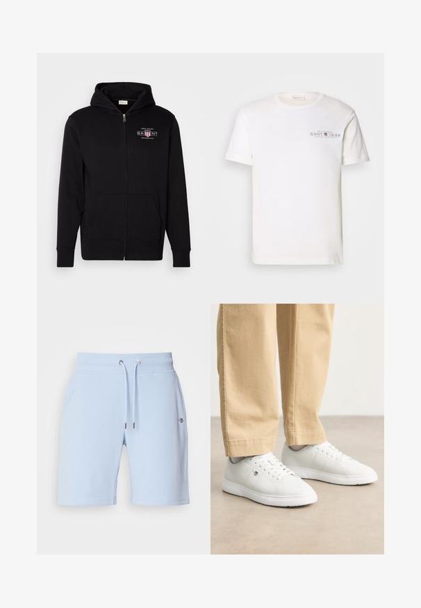Černá mikina na zip vyrobená z bavlněné směsi, s přední kapsou, ribbenými manžetami a logem na hrudi s červenými a bílými akcenty.; Bílý bavlněný tričko s kulatým výstřihem, krátkými rukávy a potiskem loga. Mít minimalistický design a volný střih.; Světle modré kraťasy vyrobené z měkké tkaniny, s elastickým pasem a šňůrkou na utažení, a malým logem vpředu.; Bílé kožené tenisky s hladkým povrchem, kulatou špičkou, šněrováním a decentním logem na boku, spárované s béžovými kalhotami.