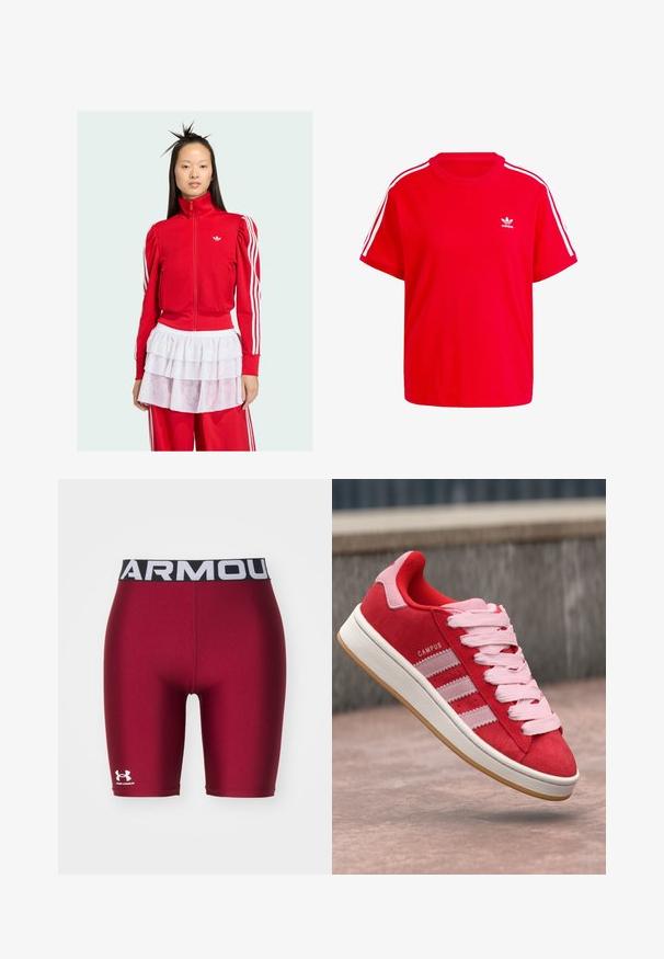 Rode ritsjas met opgeblazen mouwen, wit Adidas-logo en witte drie-strepenaccents. Combineert met een doorzichtige witte rok met ruffles.; Rode katoenen t-shirt met een ronde halslijn, korte mouwen, witte drie-strepen accenten op de schouders en een klein wit logo op de borst.; Rode compressiekort met een zwarte elastische tailleband met witte "ARMOUR" tekst en het Under Armour-logo op het onderste deel van het linkeren been.; Rode nubuck sneakers met roze accenten, voorzien van drie witte strepen en lichtroze veters. Witte tussenzool en gumrubberen buitenzool.
