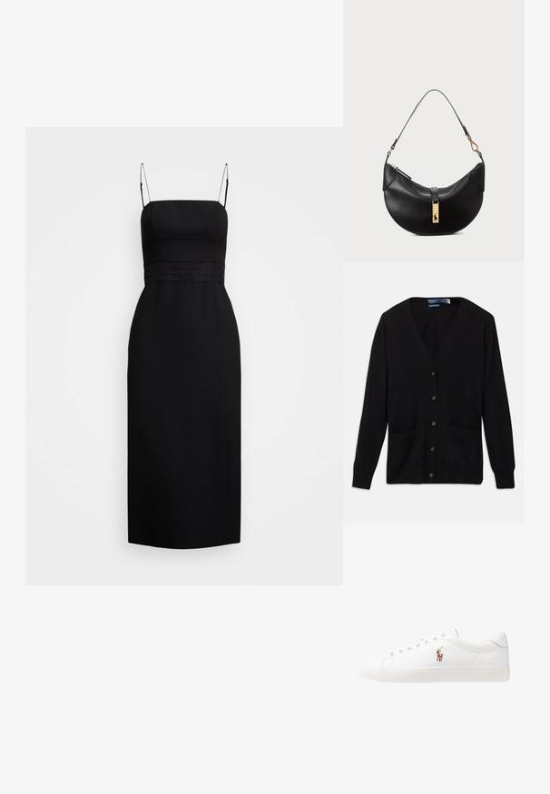 Černý kardigan s výstřihem do V, dlouhými rukávy, knoflíky vpředu a dvěma předními kapsami. Jemná textura a klasický střih.; Černé midi šaty vyrobené z hladkého materiálu, s přiléhavým korzetem, tenkými ramínky a švy na úrovni pasu.; Bílé kožené tenisky, nízký střih, s hladkým povrchem, kulatou špičkou, šněrováním v přední části a malým vyšitým logem na boku.; Černá kožená kabelka ve tvaru půlměsíce. Obsahuje zlaté kovové detaily a úzký popruh. Hladký povrch, zapínání na zip na vrchu.