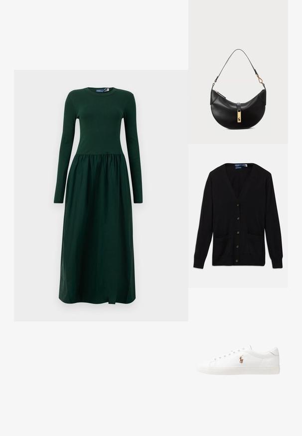 Cardigã preto com decote em V, mangas longas, botões à frente e dois bolsos frontais. Textura suave e um design de corte clássico.; Vestido de manga longa, verde-escuro, com um corpete justo e uma saia fluida e franzida. Feito de um tecido suave, com decote redondo e comprimento até os tornozelos.; Sapatilhas de couro brancas, design de cano baixo, com textura suave, biqueira redonda, atacadores à frente e um pequeno logótipo bordado na lateral.; Bolsa de couro preto em forma de meia-lua. Apresenta um detalhe em metais dourados e uma alça estreita. Textura suave, fechamento em zíper na parte superior.
