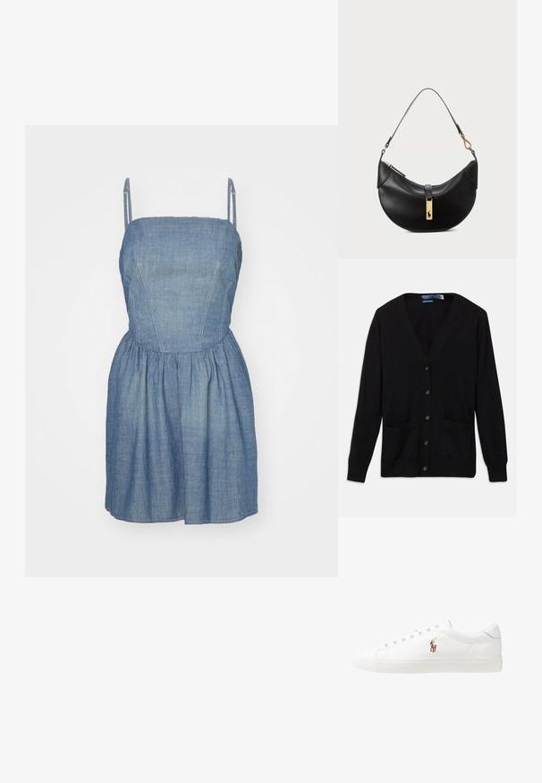 Czarny kardigan z dekoltem w serek, długimi rękawami, guzikami z przodu i dwiema kieszeniami z przodu. Miękka struktura i klasyczny krój.; RE/DONE - Sukienka jeansowa; Białe skórzane sneakersy, niskoprofilowy design, charakteryzujące się gładką fakturą, okrągłym noskiem, sznurowanym przodem i małym haftowanym logo z boku.; Czarna skórzana torebka w kształcie półksiężyca. Ma złote akcenty i wąski pasek. Gładka tekstura, zamek błyskawiczny na górze.