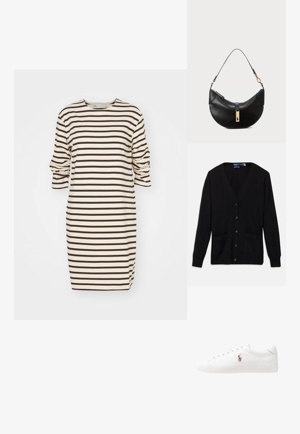 Juodas kardiganas su v-kaklu, ilgomis rankovėmis, mygtukais priekyje ir dviem priekinių kišenėlių. Minkšta tekstūra ir klasikinis siluetas.; Kremine ir rudos dryžuotos suknelės, turinčios apvalią iškirptę ir tris ketvirtadalius rankovių su surinktu akcentu ant riešų.; Baltos odinės sportbačiai, žemo profilio, su lygia tekstūra, apvalia nosimi, raištelių sistema priekyje ir mažyte siuvinėta logo šone.; Juodos odos rankinė pusmėnulio forma. Papuošta auksinėmis detalėmis ir siaura juosta. Lygi tekstūra, užtrauktuko uždarymas viršuje.