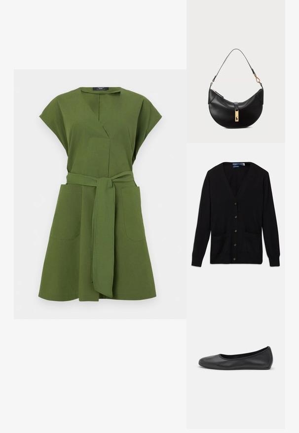 Črn kardigan z V-izrezom, dolgimi rokavi, gumbi spredaj in dvema sprednjima žepoma. Mehka tekstura in klasična zasnova.; Olivno zelena obleka s kratkimi rokavi, V-izrezom, dvema sprednjima žepoma in vezanim pasom v predelu pasu. Narejena iz lahkotnega blaga.; Črne usnjene balerinke z zaobljenim nosom, gladko teksturo, minimalnimi šivi in fleksibilno zasnovo podplata.; Črna usnjena torbica v obliki polmeseca. Ima zlato kovinsko dekoracijo in ozek trak. Gladka tekstura, z zadrgo na vrhu.