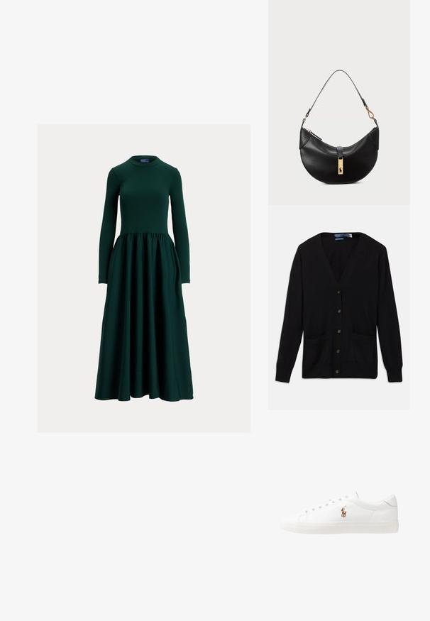 Juodas kardiganas su v-kaklu, ilgomis rankovėmis, mygtukais priekyje ir dviem priekinių kišenėlių. Minkšta tekstūra ir klasikinis siluetas.; Ilgas tamsiai žalias suknelė su ilgomis rankovėmis, pagaminta iš lygios medžiagos, su prigludusiu liemeniu ir išplatėjusia, sulankstyta sijonu. Apvalus kaklas.; Baltos odinės sportbačiai, žemo profilio, su lygia tekstūra, apvalia nosimi, raištelių sistema priekyje ir mažyte siuvinėta logo šone.; Juodos odos rankinė pusmėnulio forma. Papuošta auksinėmis detalėmis ir siaura juosta. Lygi tekstūra, užtrauktuko uždarymas viršuje.