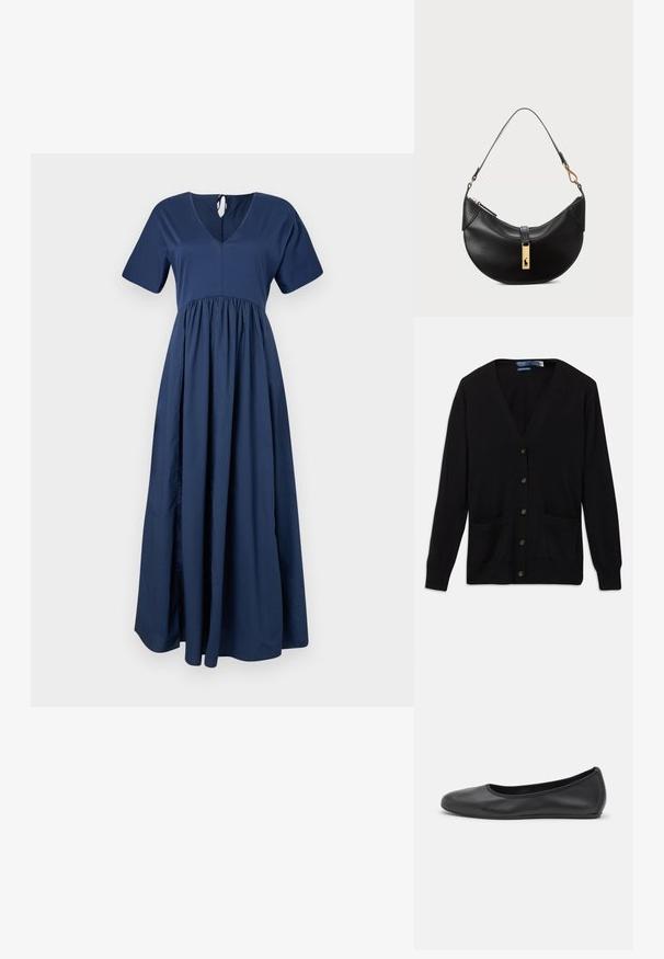 Mustahdari musta, jossa on V-pääntie, pitkät hihat, napit edessä ja kaksi etutaskua. Pehmeä tekstuuri ja klassinen istuvuus.; Tummansininen maksimekko lyhyillä hihoilla, V-pääntiellä ja rypytysvyötäröllä. Valmistettu sileästä kankaasta, jossa on liikkuva siluetti ja naru suljenta takana.; Musta nahkainen ballerina, jossa on pyöristetty kärki, sileä pinta, minimaalinen ommelkoristelu ja joustava pohjamuotoilu.; Musta nahkalaukku puolikuun muotoisena. Varustettu kultaisilla yksityiskohdilla ja kapealla hihnalla. Tasainen pinta, vetoketjukiinnitys ylhäällä.